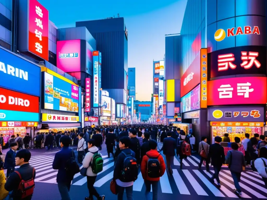 Animada calle de Akihabara, Tokio, rebosante de luces de neón y carteles publicitarios de videojuegos