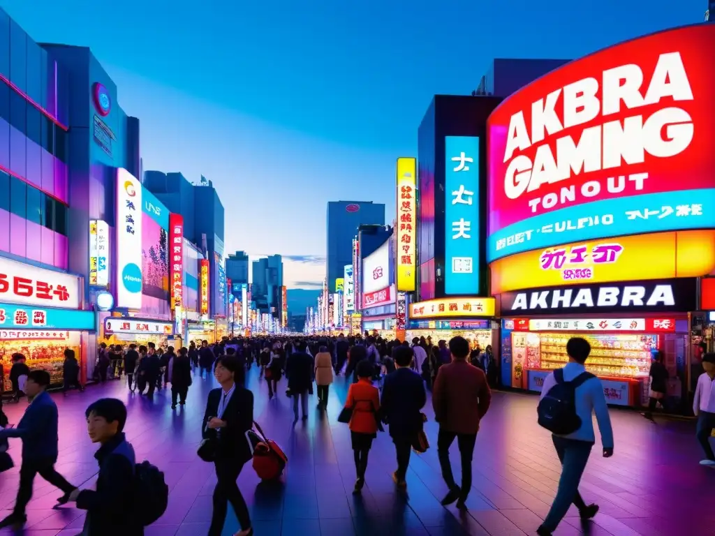 La animada calle de Akihabara, Tokio, rebosante de neon y tecnología, refleja la vibrante industria del gaming asiático: Estrategias para ganar