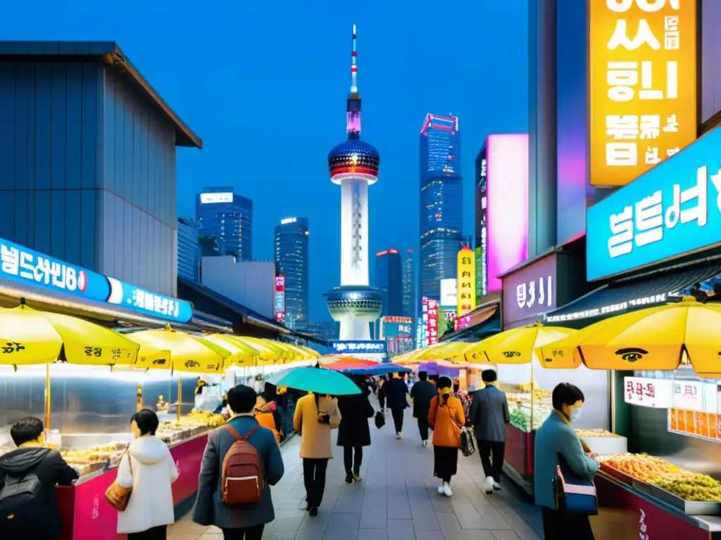 Una animada calle de Seúl, Corea del Sur, con gente usando mascarillas y coloridos paraguas, carteles de neón en coreano iluminan la escena