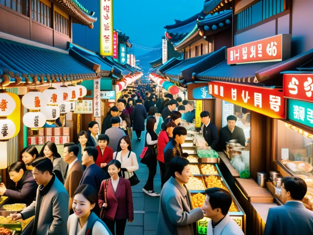 Una animada calle en Seúl, Corea del Sur, llena de letreros de neón, concurrida por locales y turistas, y repleta de puestos de comida y tiendas