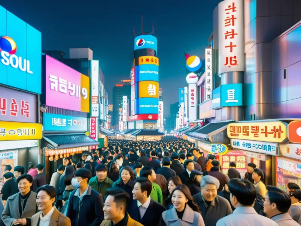 Una animada calle de Seúl, Corea del Sur, llena de luces de neón y gente