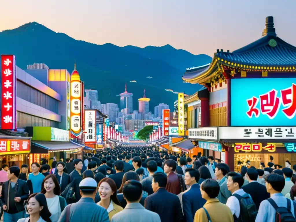 Animada calle en Seúl, Corea del Sur, llena de luces de neón y multitudes