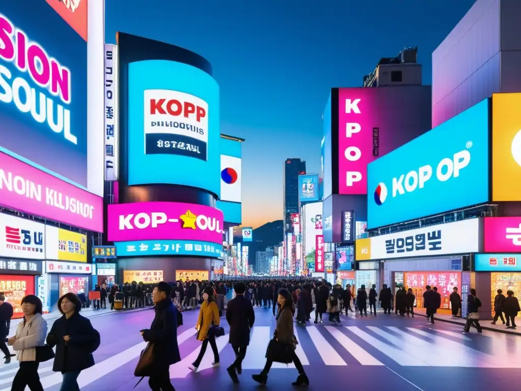 Una animada calle de Seúl, Corea del Sur, llena de luces de neón, gente y carteles de Kpop