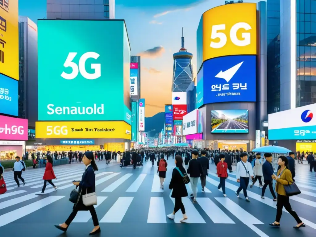 La animada calle de Seúl, Corea del Sur, llena de tecnología 5G y gente