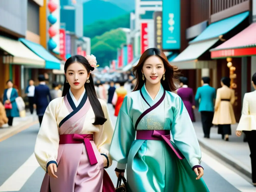 Una animada calle de Seúl, Corea del Sur, fusionando la moda de lujo coreana innovadora con el tradicional hanbok