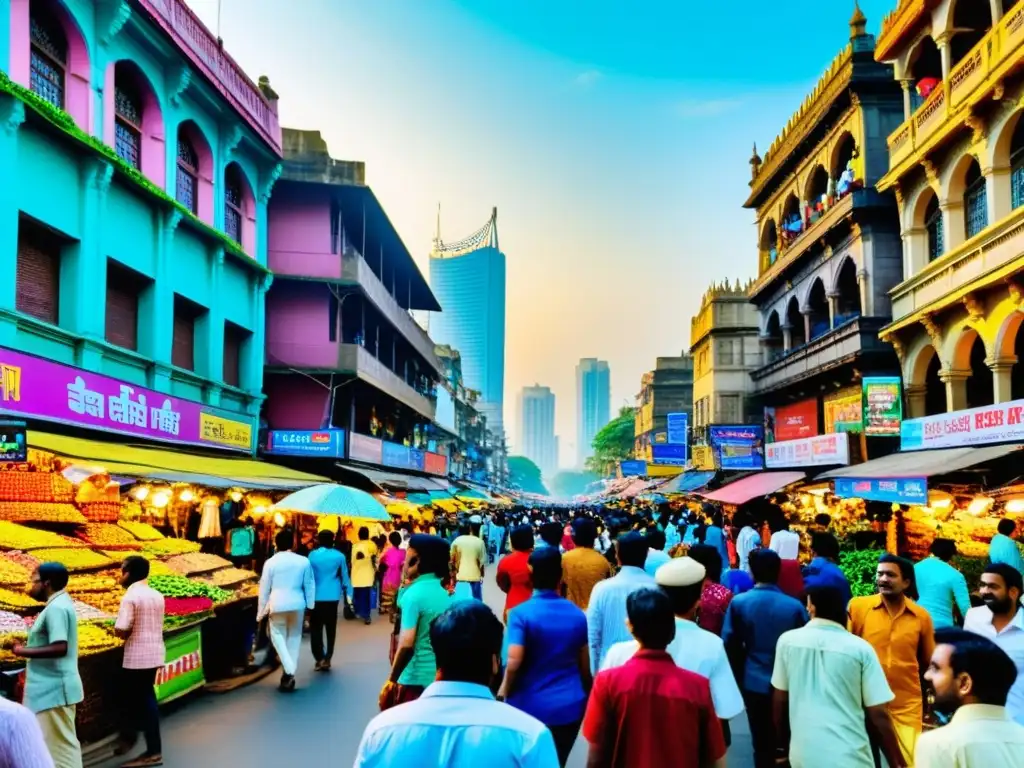 Animada calle en Mumbai, India, con tiendas coloridas y puestos de mercado