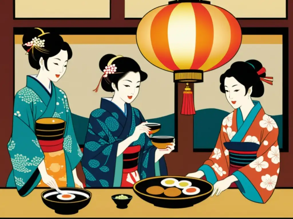 Una animada celebración bonenkai en un acogedor izakaya japonés, con elegantes clientes disfrutando sake y conversaciones