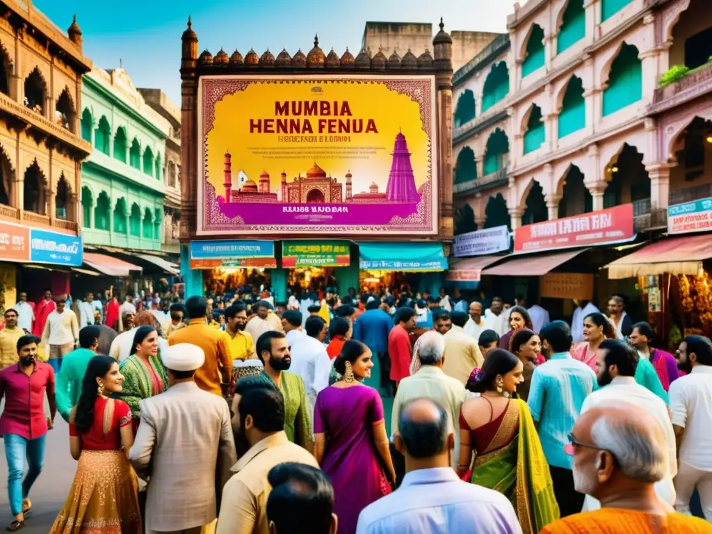 Una animada y colorida calle de Mumbai, India, reflejando la diversidad cultural representada en cine indio