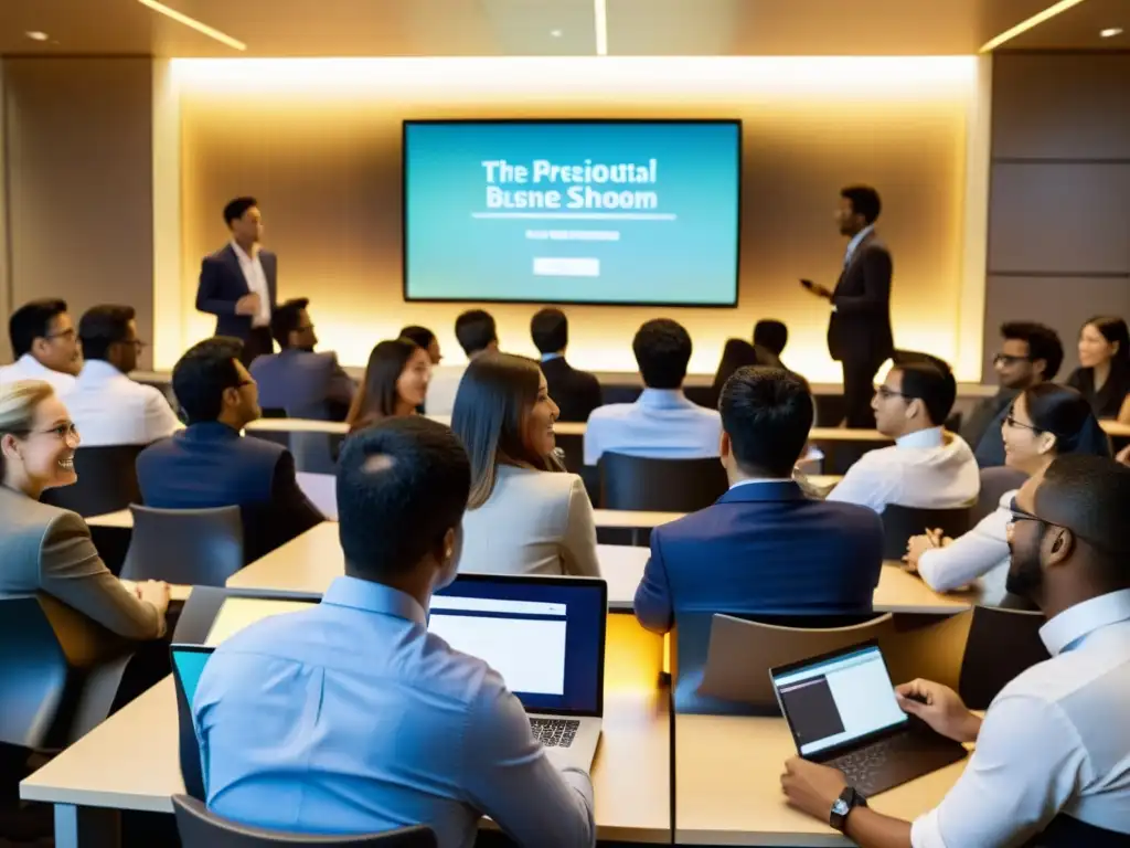 Animada discusión sobre estrategias de negocios en un aula de MBA, reflejando el puente de la seda moderno MBA con estudiantes de todo el mundo