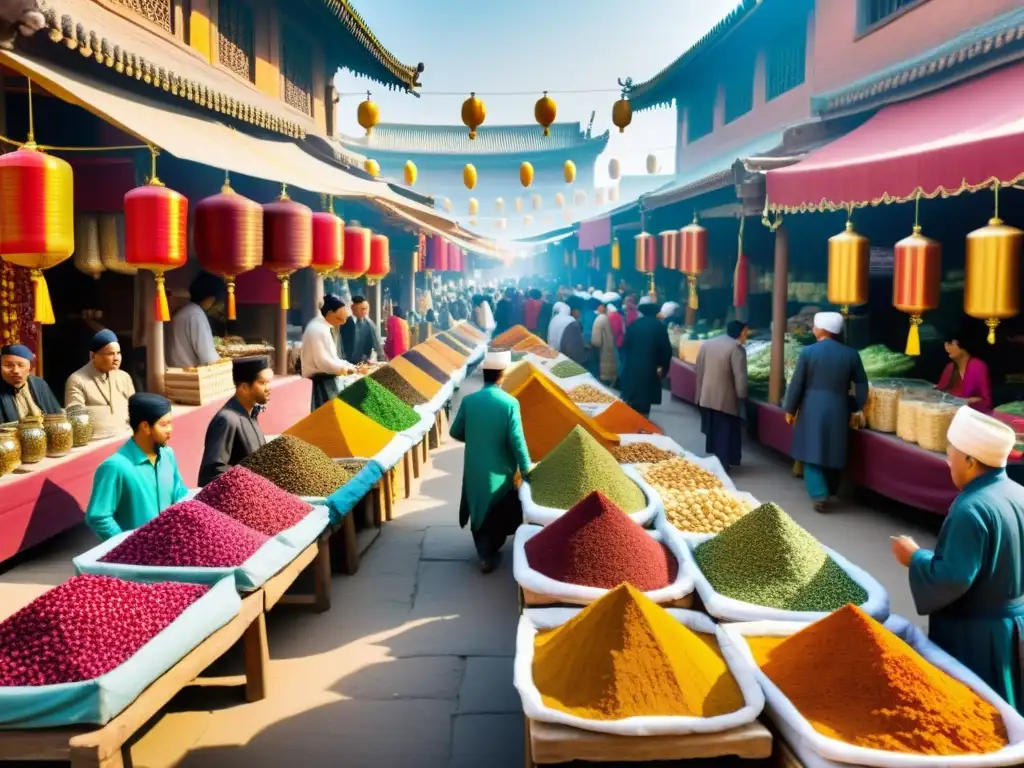 Una animada escena de un bullicioso mercado de la Ruta de la Seda, con sabores exclusivos y coloridas prendas tradicionales de los mercaderes