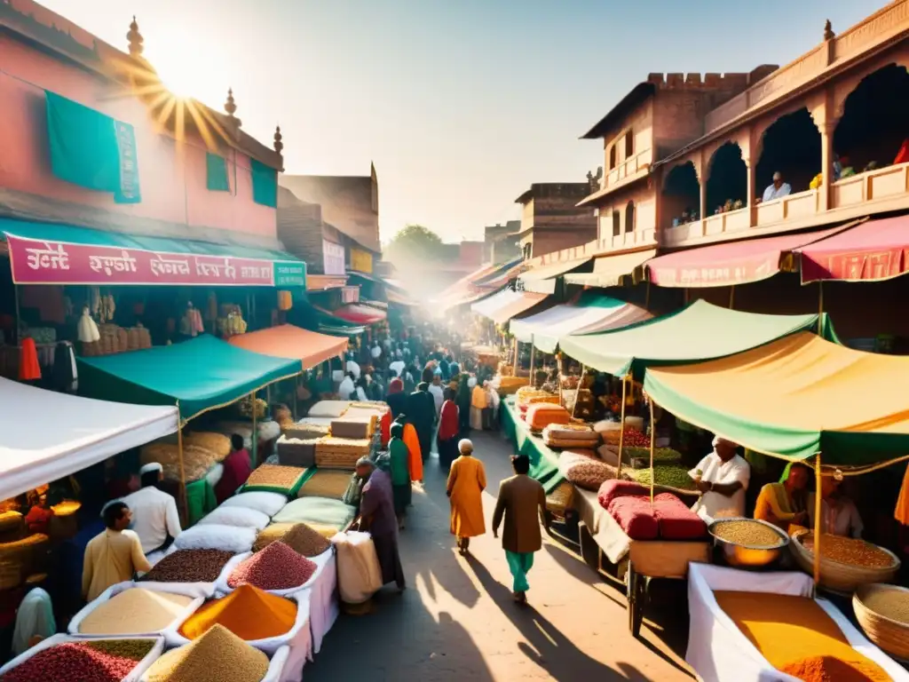 Una animada escena de un bullicioso mercado indio, con textiles coloridos, especias y variados productos