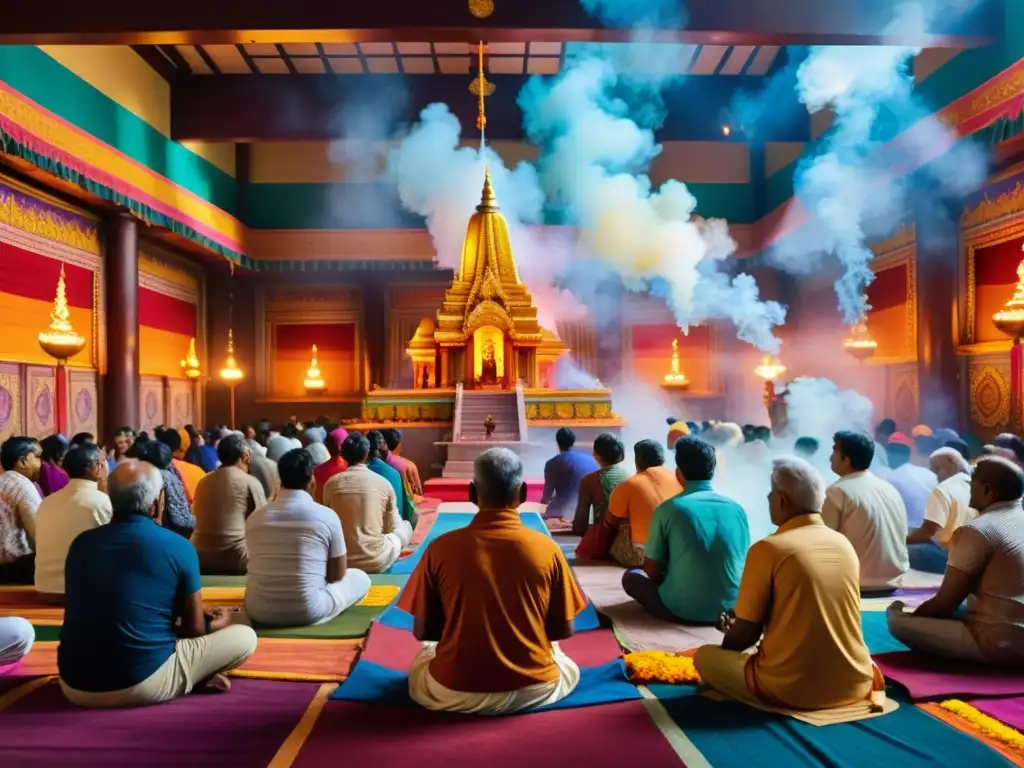 Una animada escena en un bullicioso templo hindú, con devotos rezando entre coloridos tapices y humo de incienso