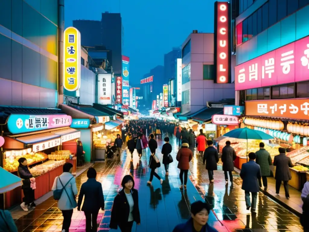 Una animada escena nocturna en Seúl, Corea del Sur, llena de luces de neón, gente y puestos de comida