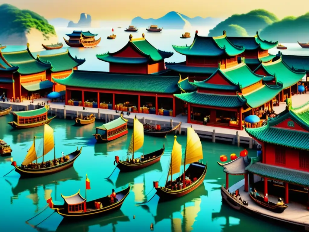 Una animada escena del puerto chino en la era Ming, con expediciones marítimas Zheng He Ming, barcos coloridos y actividad comercial vibrante