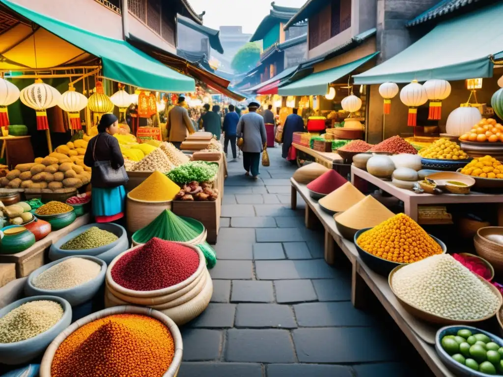 Una animada feria tradicional asiática llena de colores vibrantes y vendedores callejeros