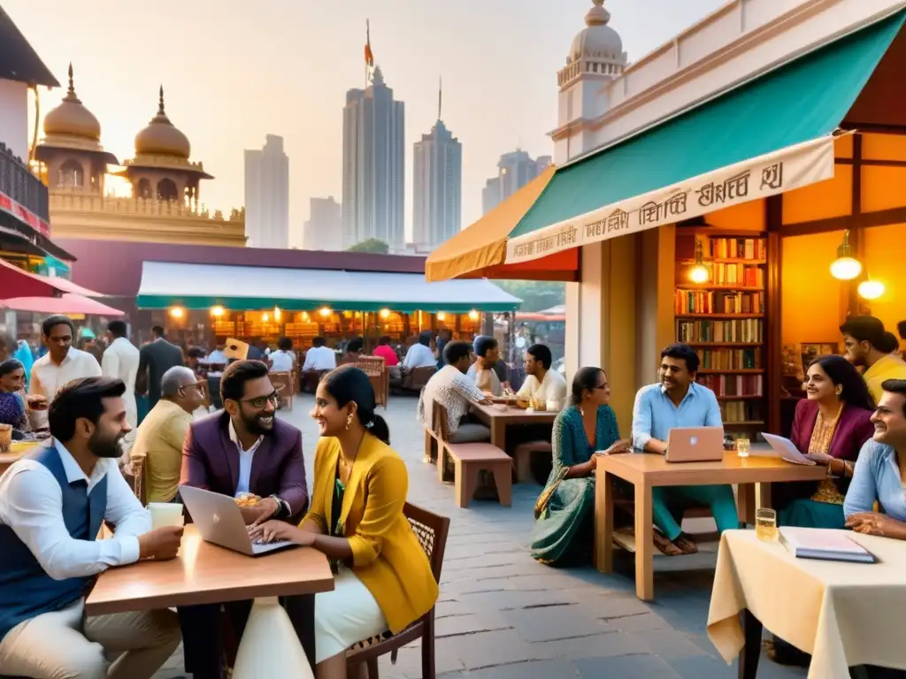 Un animado café al aire libre en una bulliciosa calle de una ciudad extranjera, donde un grupo de autores indios discute apasionadamente, rodeados de libros y laptops