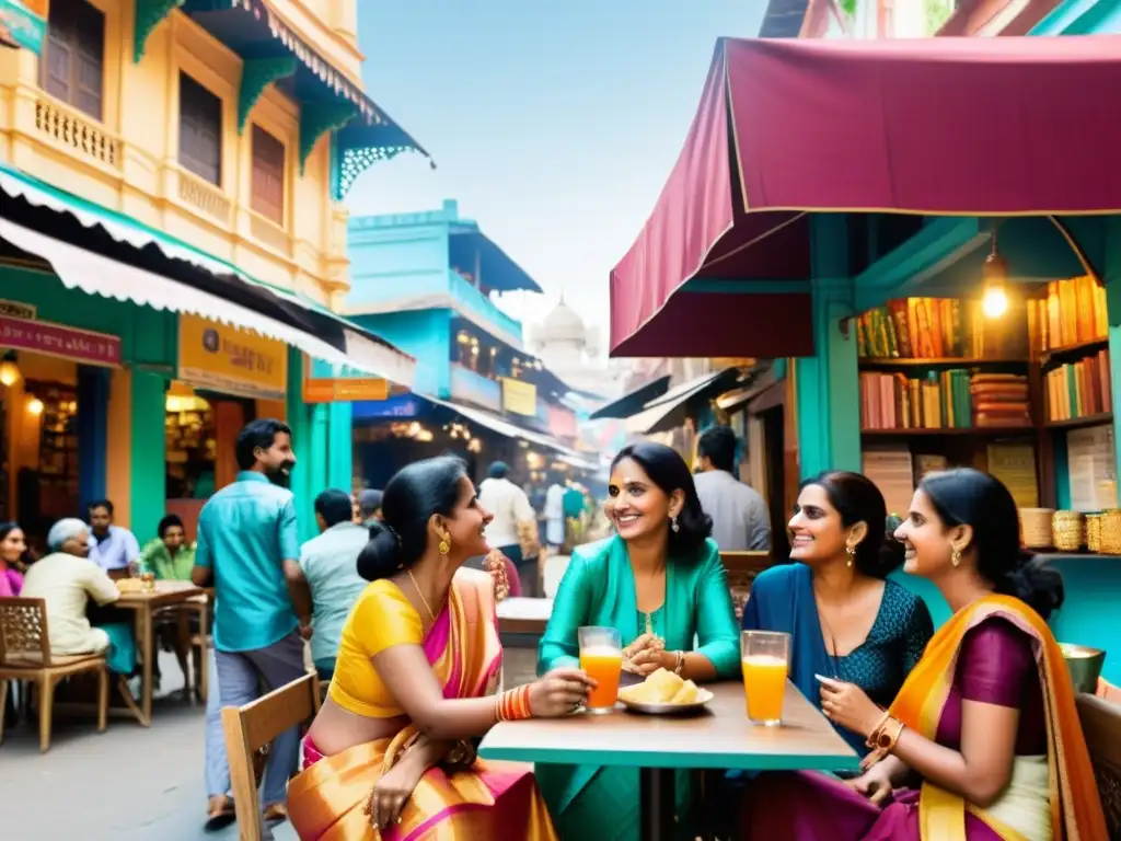 Un animado café al aire libre en una bulliciosa calle de la India, donde Autores indie de la India inexplorada debaten apasionadamente