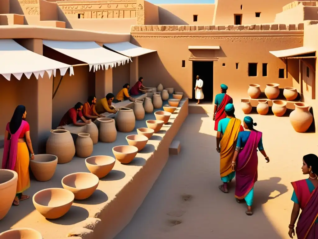 Animado comercio en el Valle del Indo: bullicioso mercado en Mohenjodaro, con mercaderes y clientes regateando entre calles vibrantes