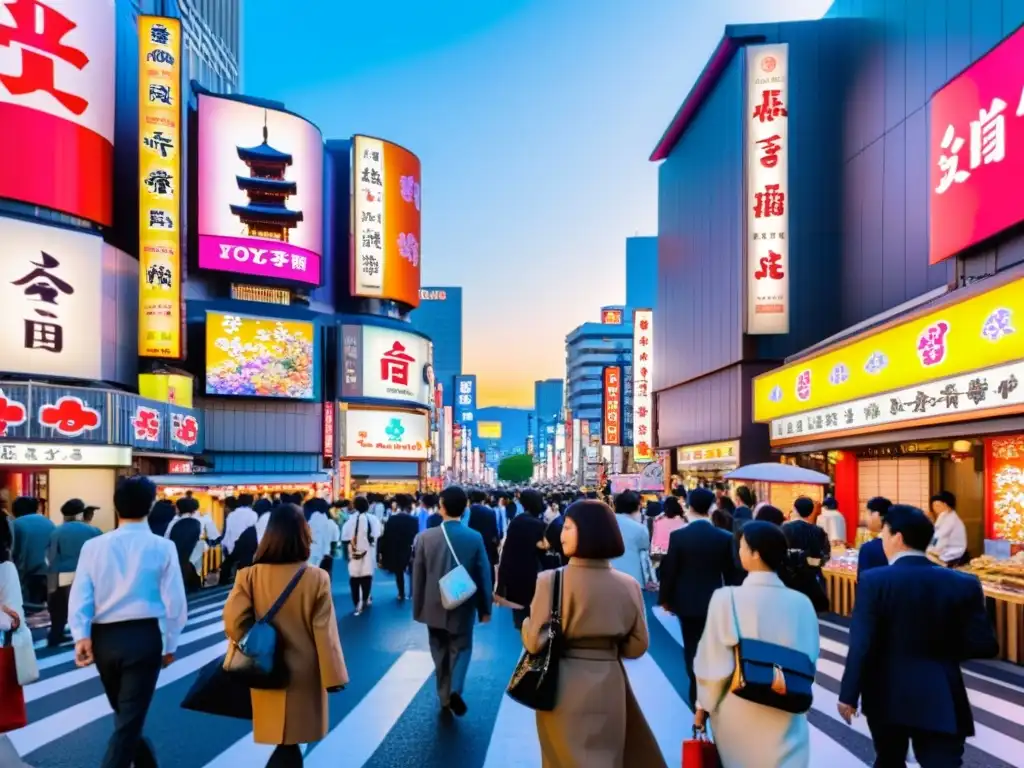 Un animado cruce de calles en Tokio, Japón, fusiona lo moderno y lo tradicional, capturando la interpretación de 'La elegancia del erizo' en Japón