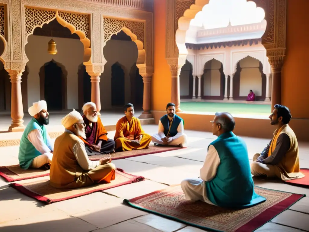 Un animado debate entre eruditos hindúes en un patio tradicional de la India, capturando la tradición del debate en el Hinduismo