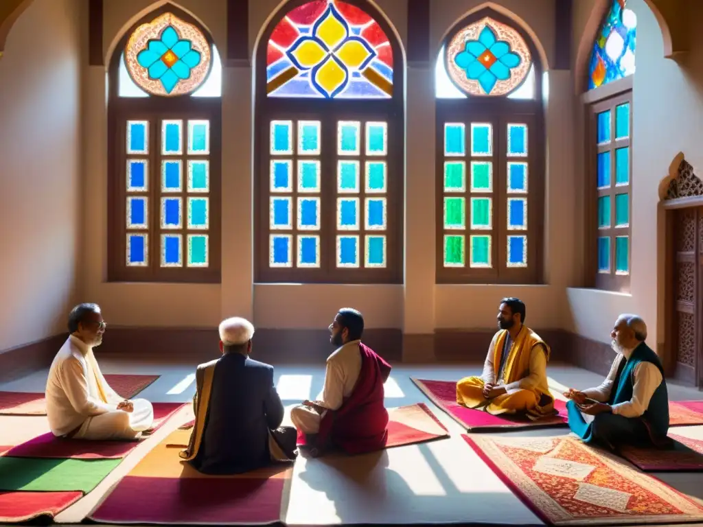 Un animado debate entre eruditos hindúes en un majestuoso salón, iluminado por luz solar y lleno de tradición del debate en el Hinduismo