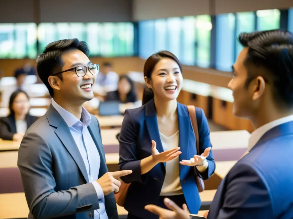 Un animado debate entre estudiantes y profesores en un moderno aula de negocios en Asia, financiando MBA en Asia