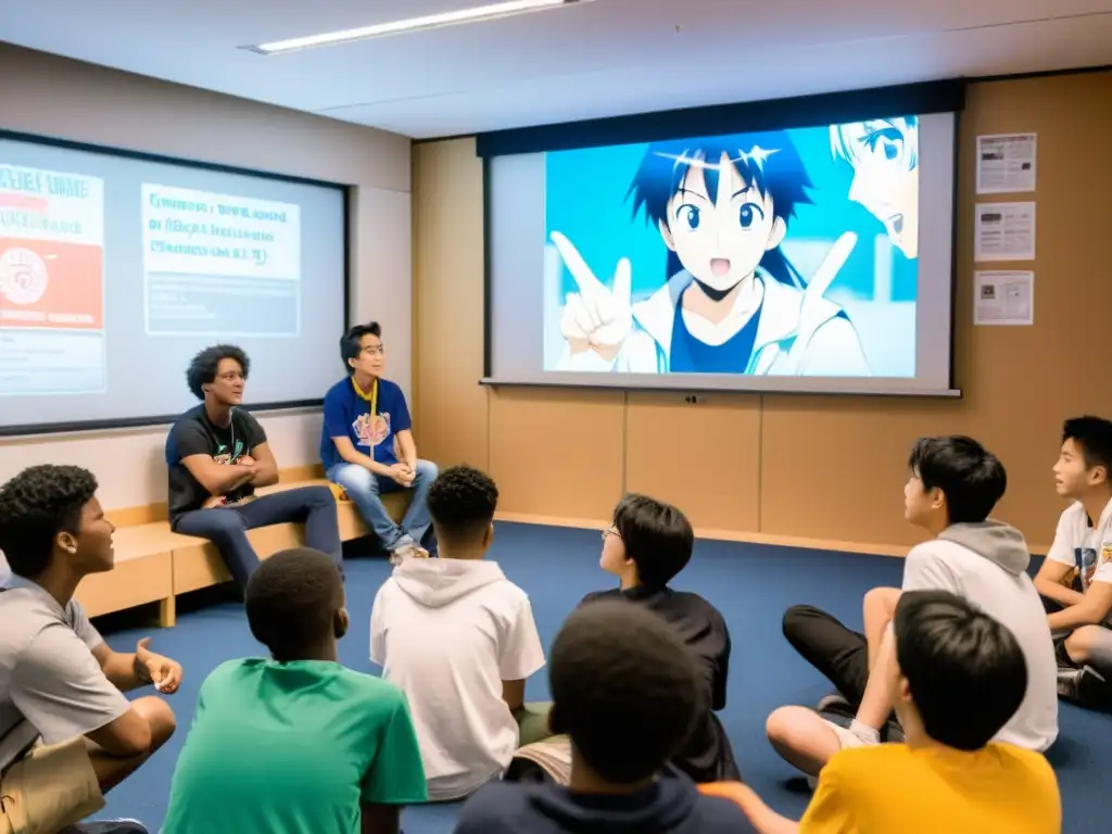 Un animado debate sobre el impacto social del anime entre estudiantes diversos en un aula llena de referencias a series icónicas