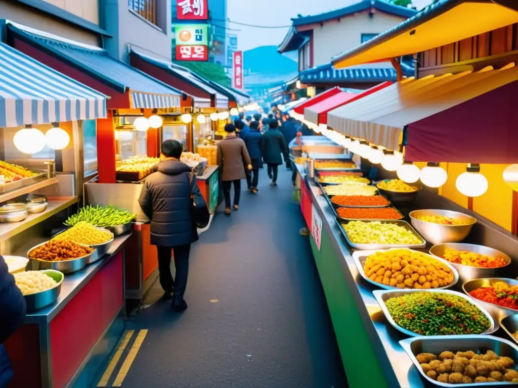 Un animado escenario callejero en Corea del Sur, con vendedores ofreciendo topokki desde coloridos puestos de comida