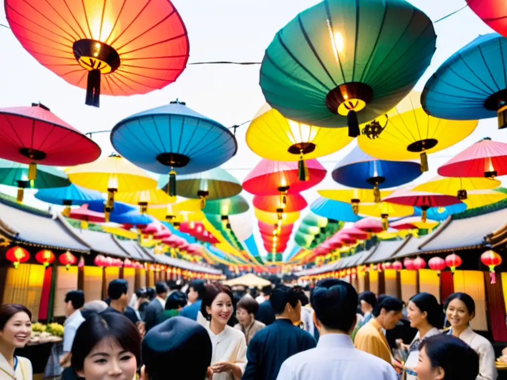 Animado festival callejero en Japón, con decoraciones tradicionales y gente disfrutando del arte del Shōgi bajo coloridas linternas de papel