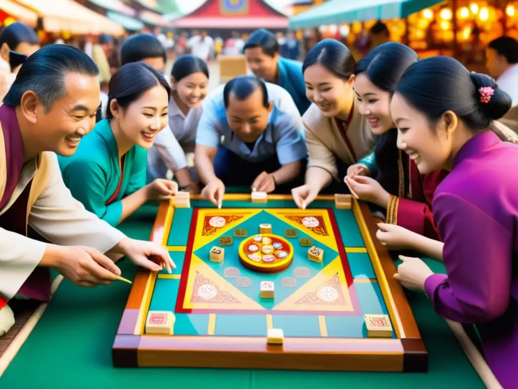 Un animado juego tradicional asiático en un mercado bullicioso, con colores vibrantes y detalles intrincados en las piezas y tablero