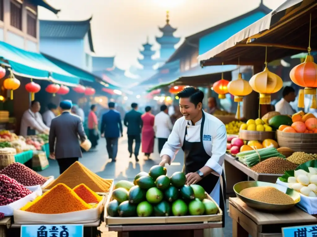 Un animado mercado al aire libre en Asia, repleto de puestos coloridos vendiendo frutas exóticas, mariscos frescos y especias fragantes