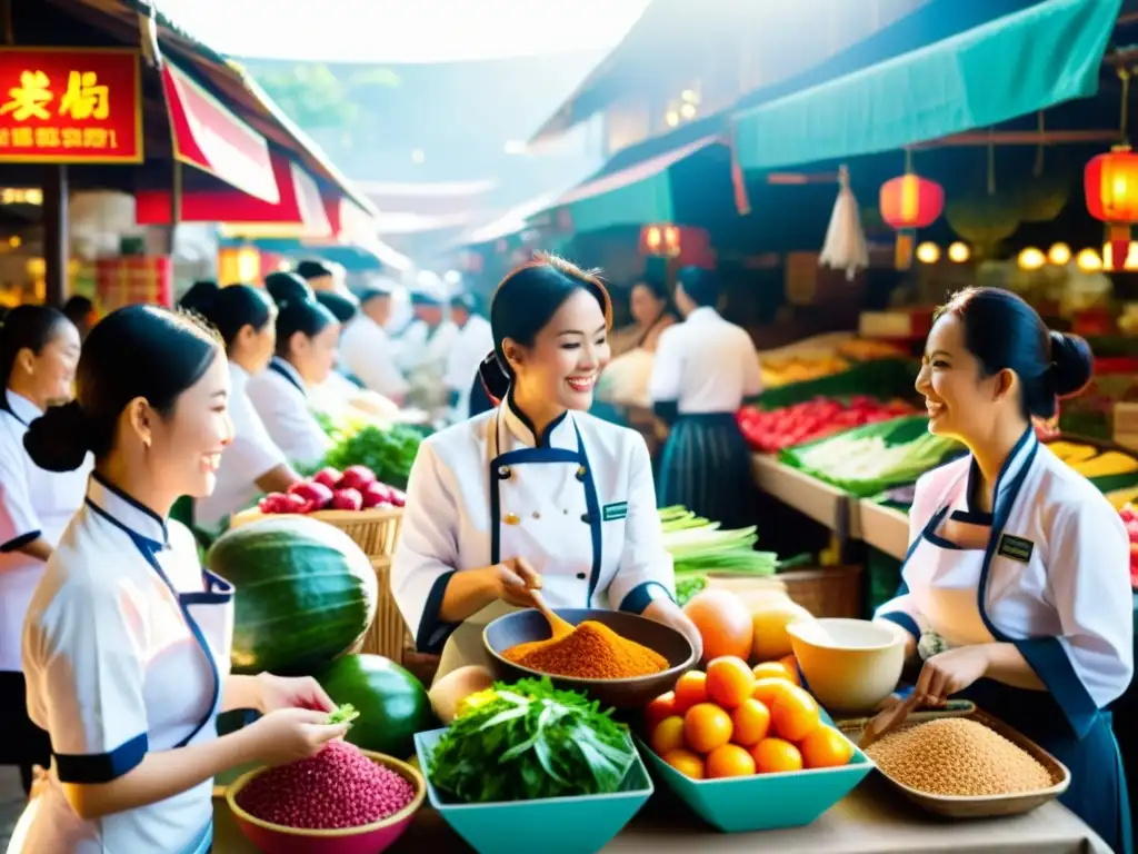 En un animado mercado asiático, chefs celebridades mujeres comparten tradiciones culinarias en un escenario vibrante y diverso