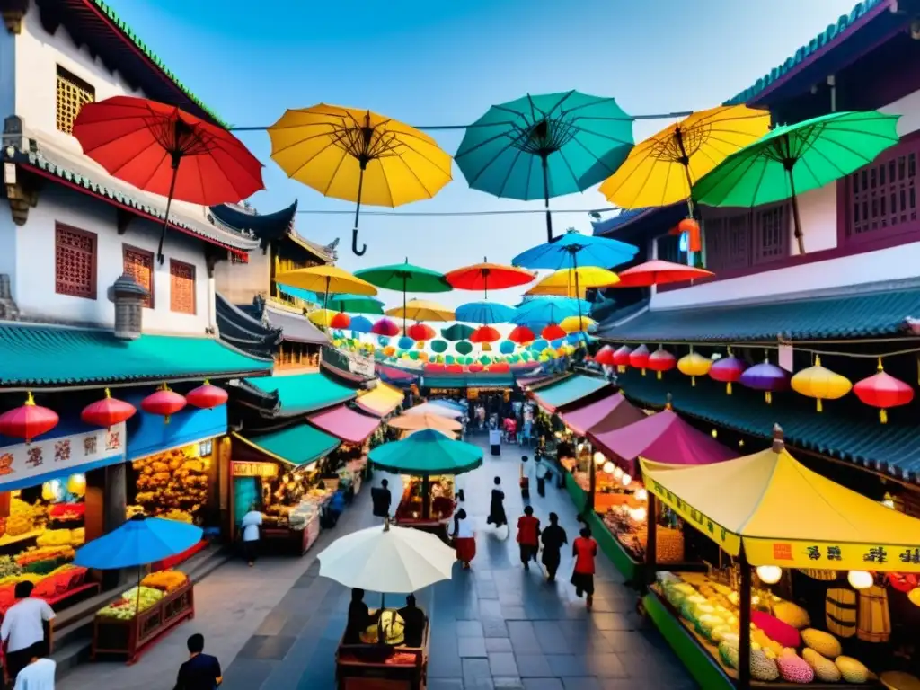 Animado mercado asiático con vibrantes colores, arquitectura tradicional y moderna, reflejando la clase media en ciudades asiáticas