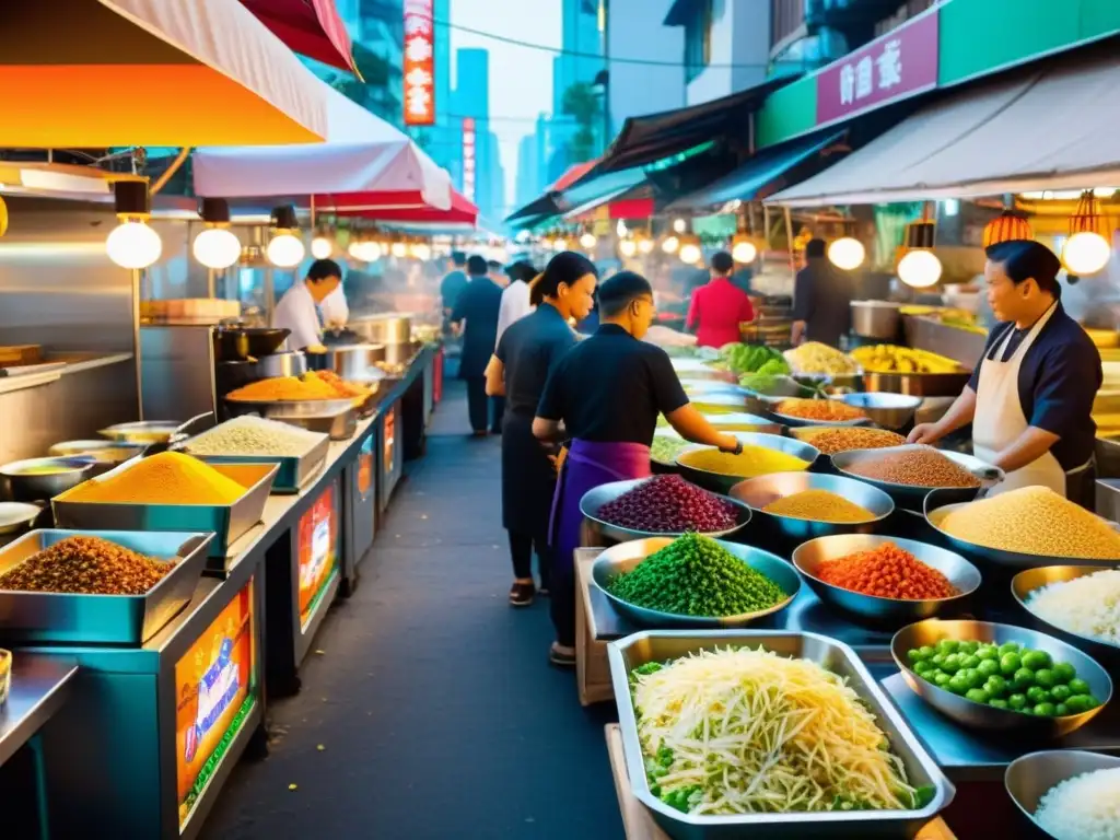 Animado mercado callejero asiático, con innovaciones tecnológicas en la preparación de platos tradicionales