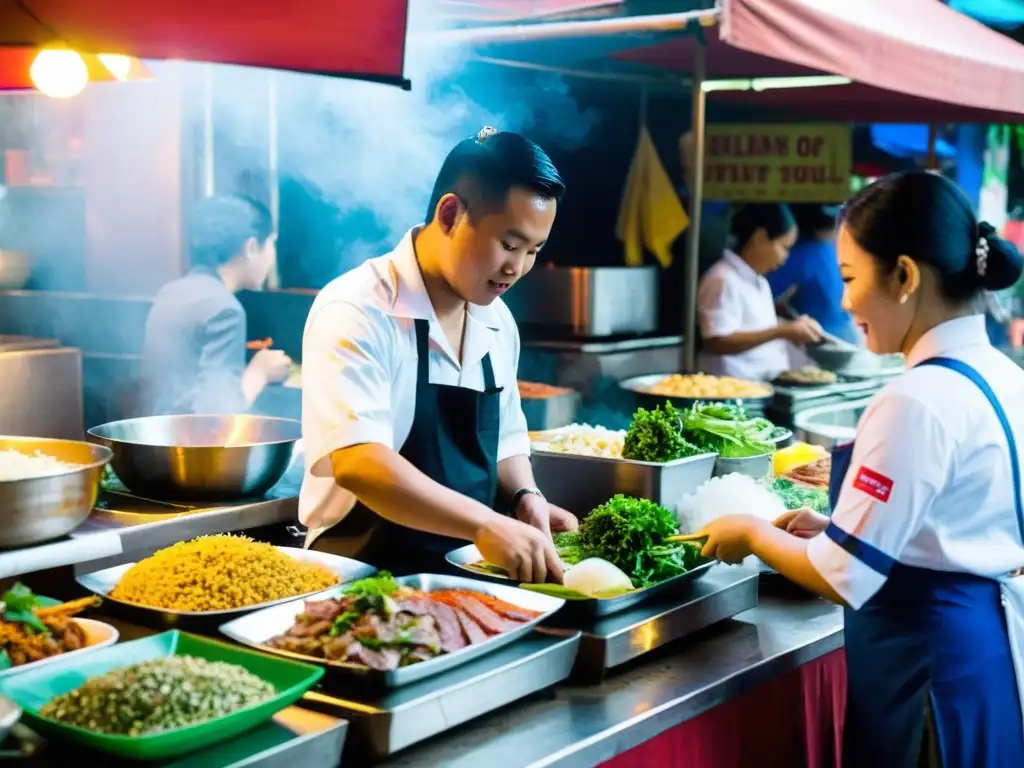 Un animado mercado callejero de comida en Ho Chi Minh, Vietnam, fusionando sabores indochinos en un festín vibrante