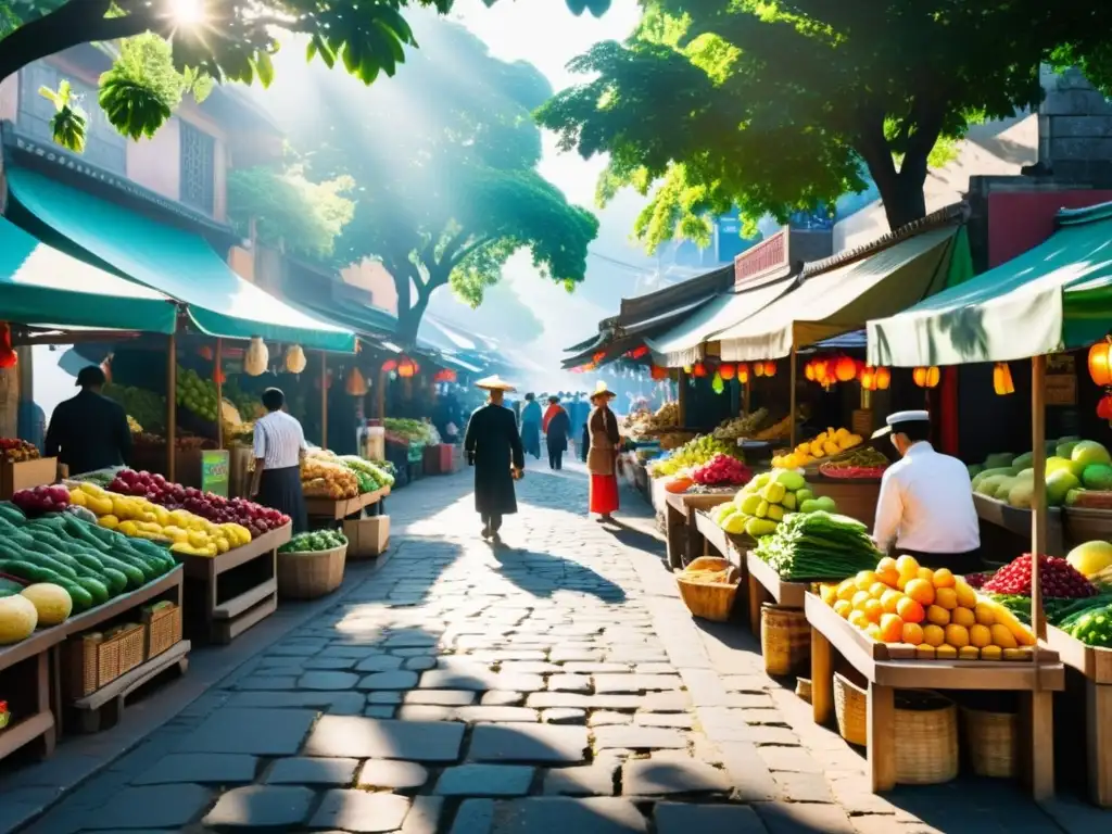 Un animado mercado callejero en una histórica ciudad asiática, con vendedores ofreciendo frutas, verduras y especias, mientras los residentes locales crean una escena vibrante que capta la esencia de la cultura y la tradición asiática, documentando la historia y la vida cotidiana