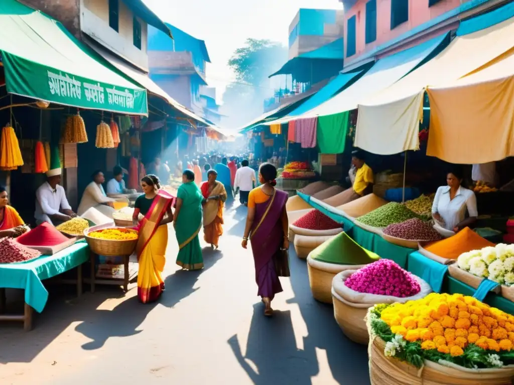 Animado mercado callejero en la India con telas, especias y flores