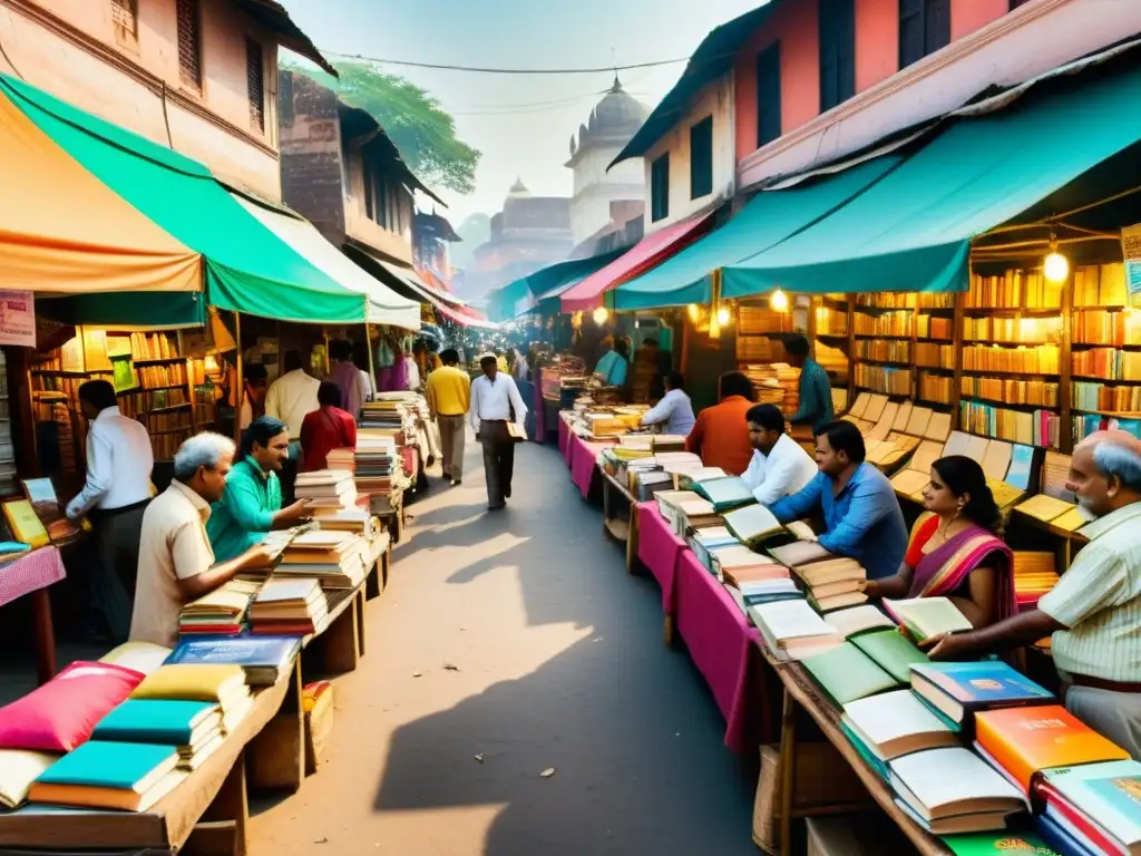 Animado mercado callejero en la India con puestos de libros coloridos, reflejando la publicación de libros sobre India y su rica cultura literaria