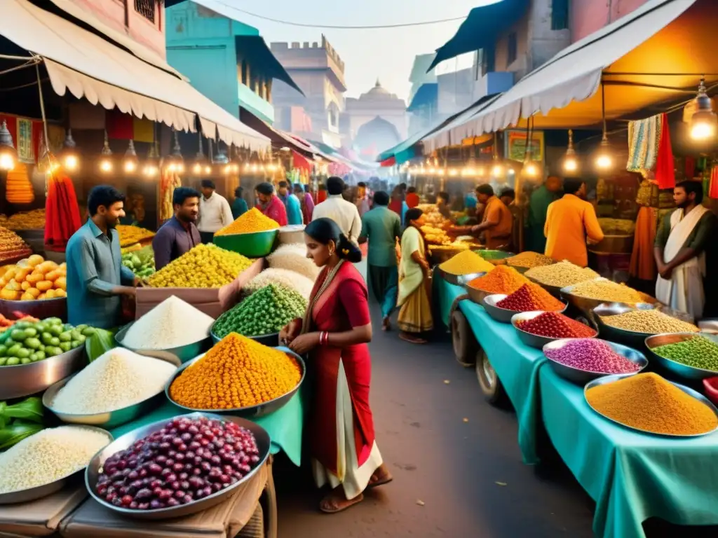 Animado mercado callejero indio con colores vibrantes y vendedores