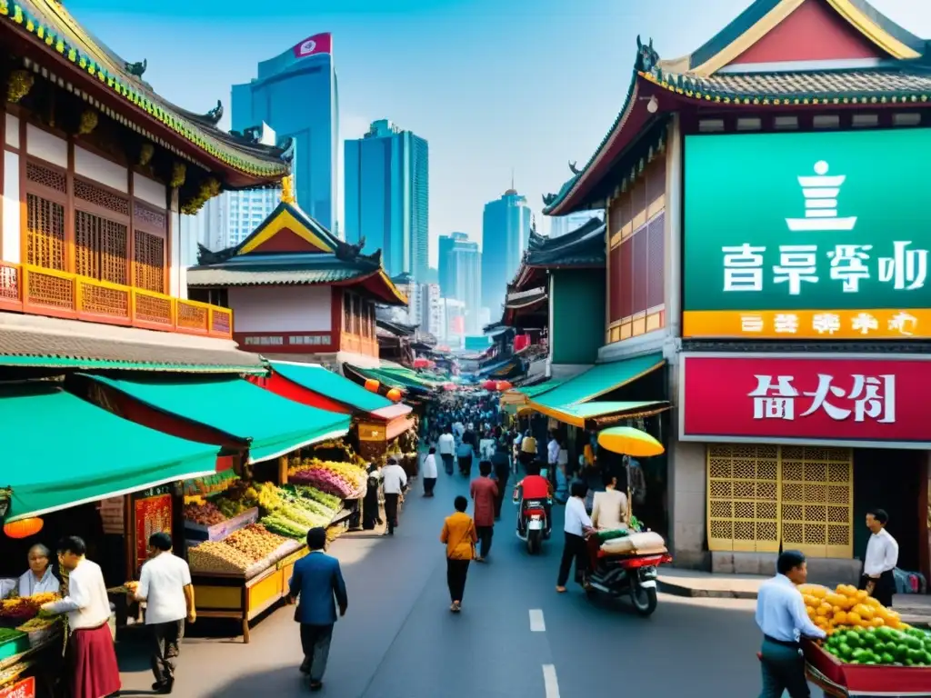 Un animado mercado callejero en Asia, con una mezcla de edificios tradicionales y modernos, gente y colores vibrantes