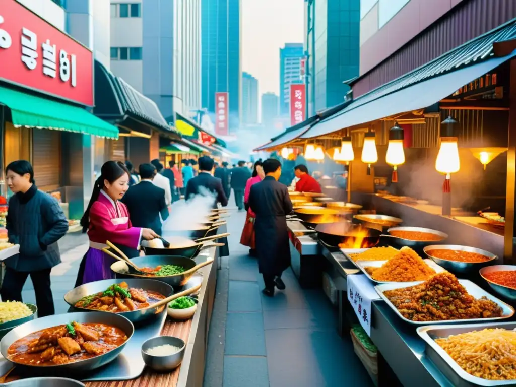 Un animado mercado callejero en Corea del Sur, donde los vendedores sirven dakgalbi a clientes ansiosos