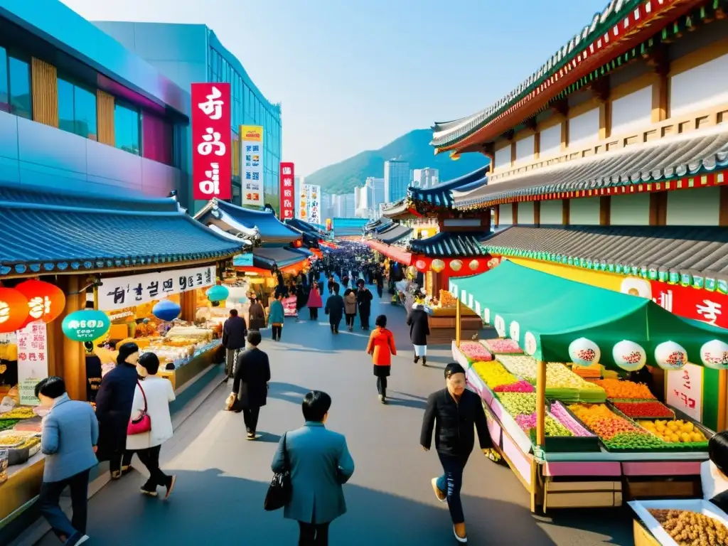 Un animado mercado callejero en Seúl, Corea del Sur, con carteles coloridos y arquitectura tradicional y moderna