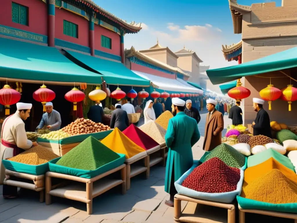 Un animado mercado en una ciudad moderna a lo largo de la Ruta de la Seda, reflejando el impacto del Renacimiento de la Ruta de la Seda con su energía multicultural, colores y arquitectura