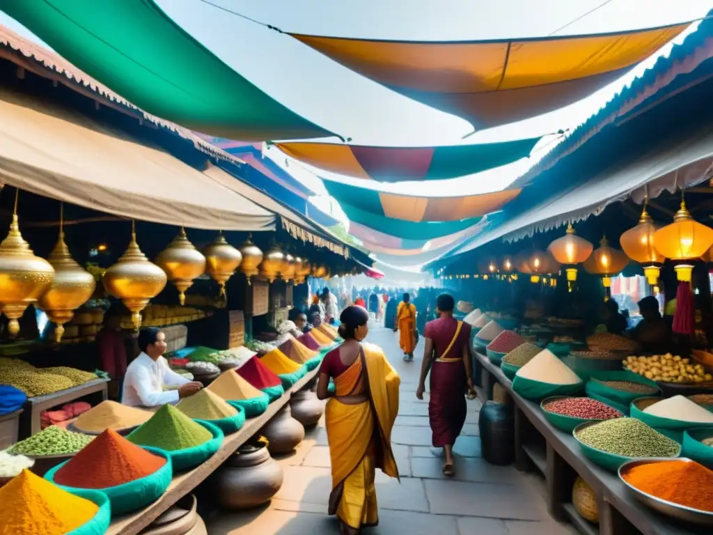 En el animado mercado de Sri Vijaya, el comercio y el budismo se entrelazan en un vibrante crisol de culturas y colores