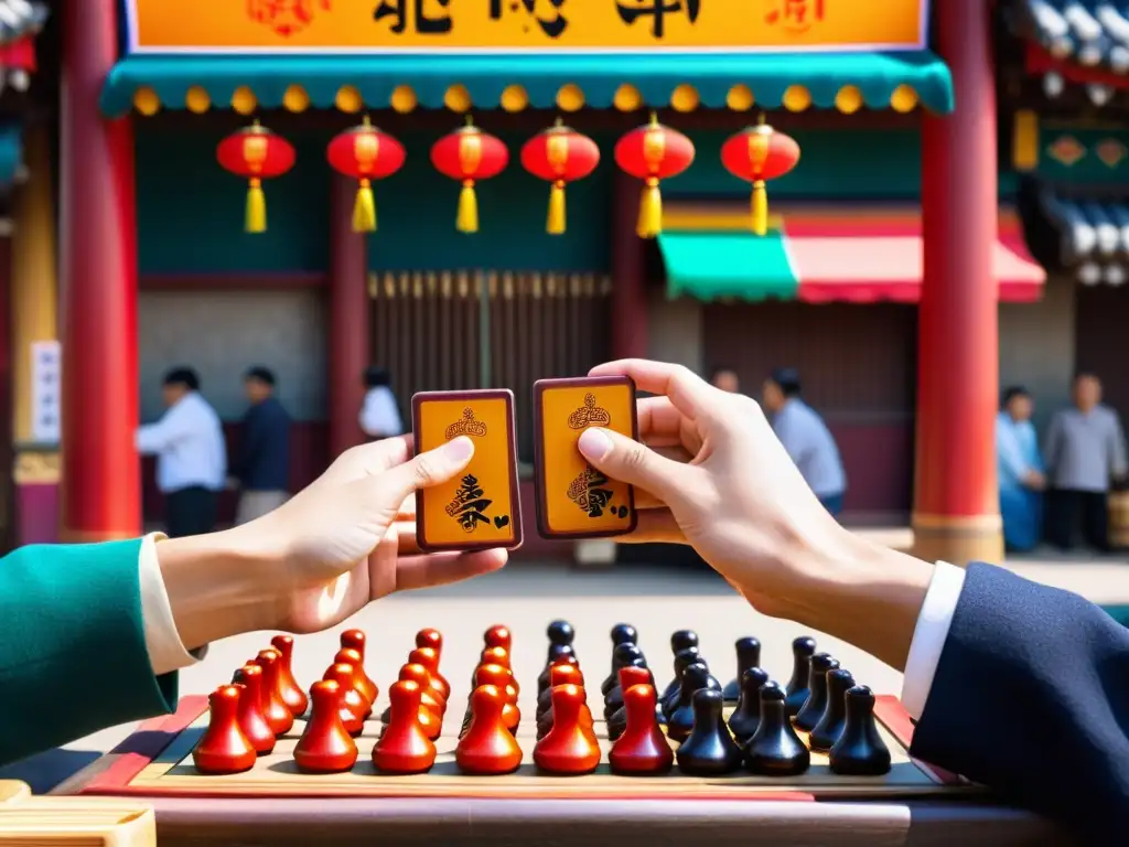 En un animado mercado coreano, dos manos compiten en un apasionante juego tradicional coreano Ttakji mientras espectadores observan