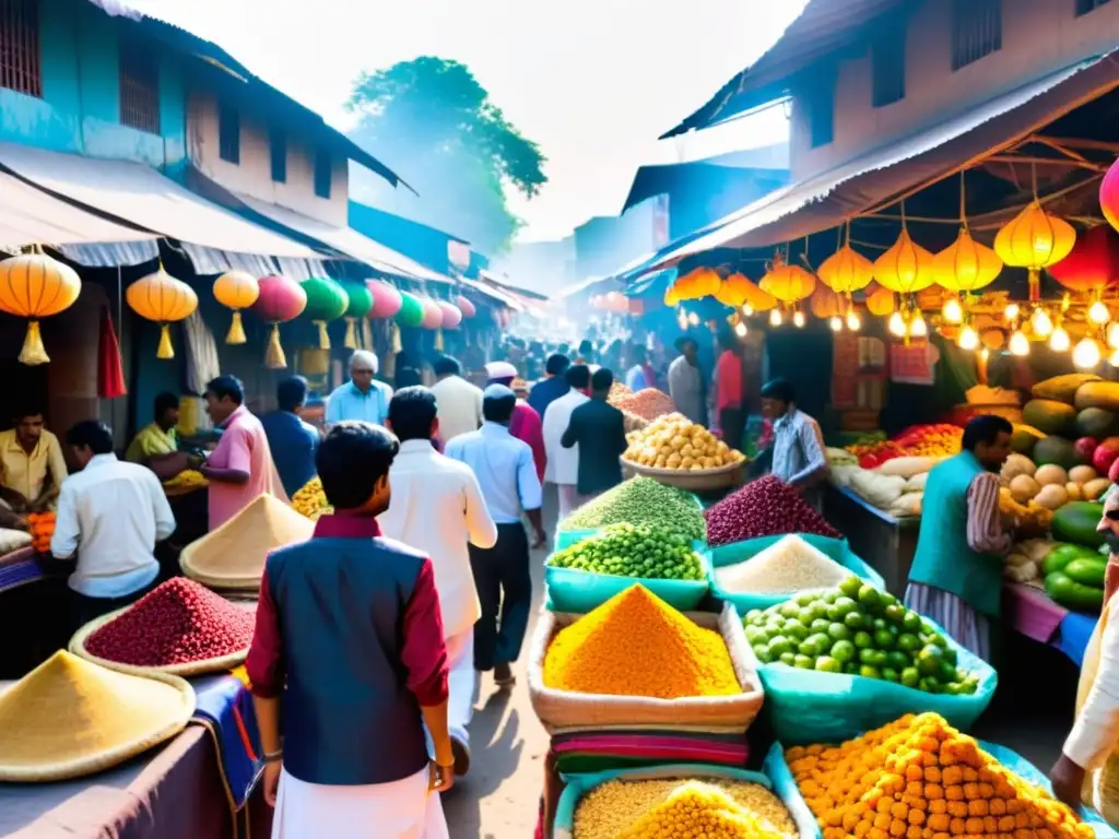 En un animado mercado de la India, la tecnología de pagos móviles se integra con la rica herencia cultural