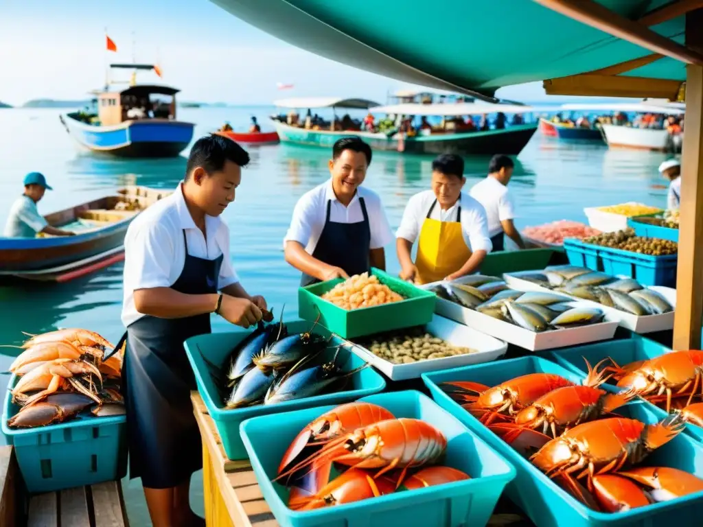 Un animado mercado de mariscos en Asia, con puestos coloridos exhibiendo una variedad de mariscos frescos