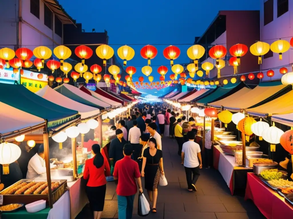 Animado mercado nocturno asiático con puestos de comida callejera coloridos y una diversa multitud disfrutando de la variedad culinaria