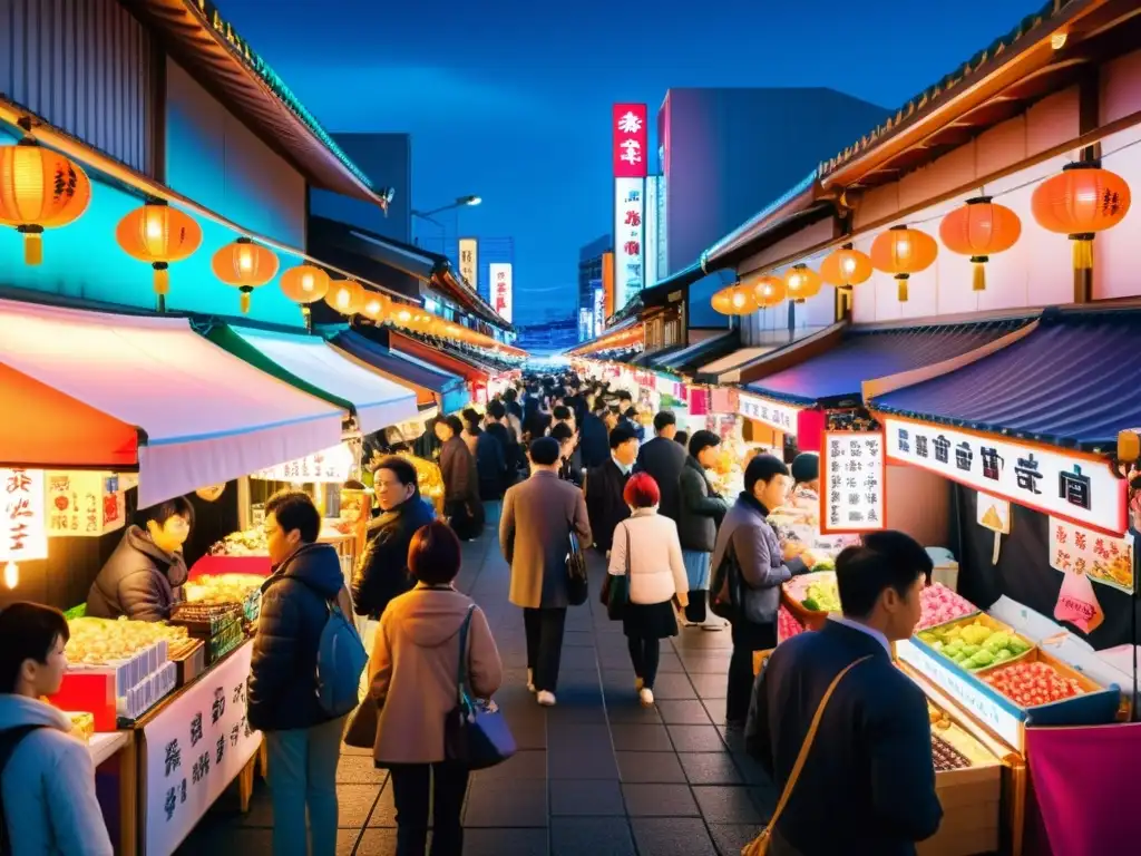 Animado mercado nocturno en Tokio, Japón, con puestos coloridos iluminados por luces de neón y gente comprando