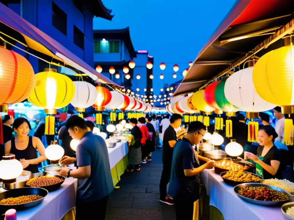 Animado mercado nocturno en Taipei, Taiwán, con puestos de comida callejera y visitantes disfrutando de delicias locales bajo la cálida luz de faroles